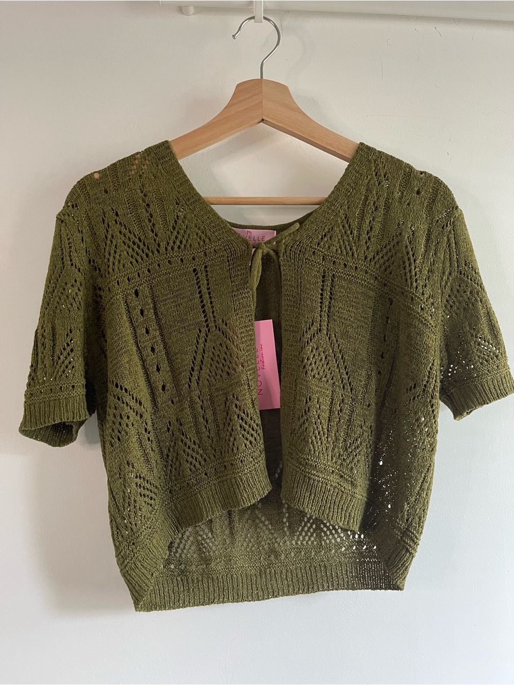 NWT Novelle Olive Open Knit Cropped Tie-Front Cardigan Size L